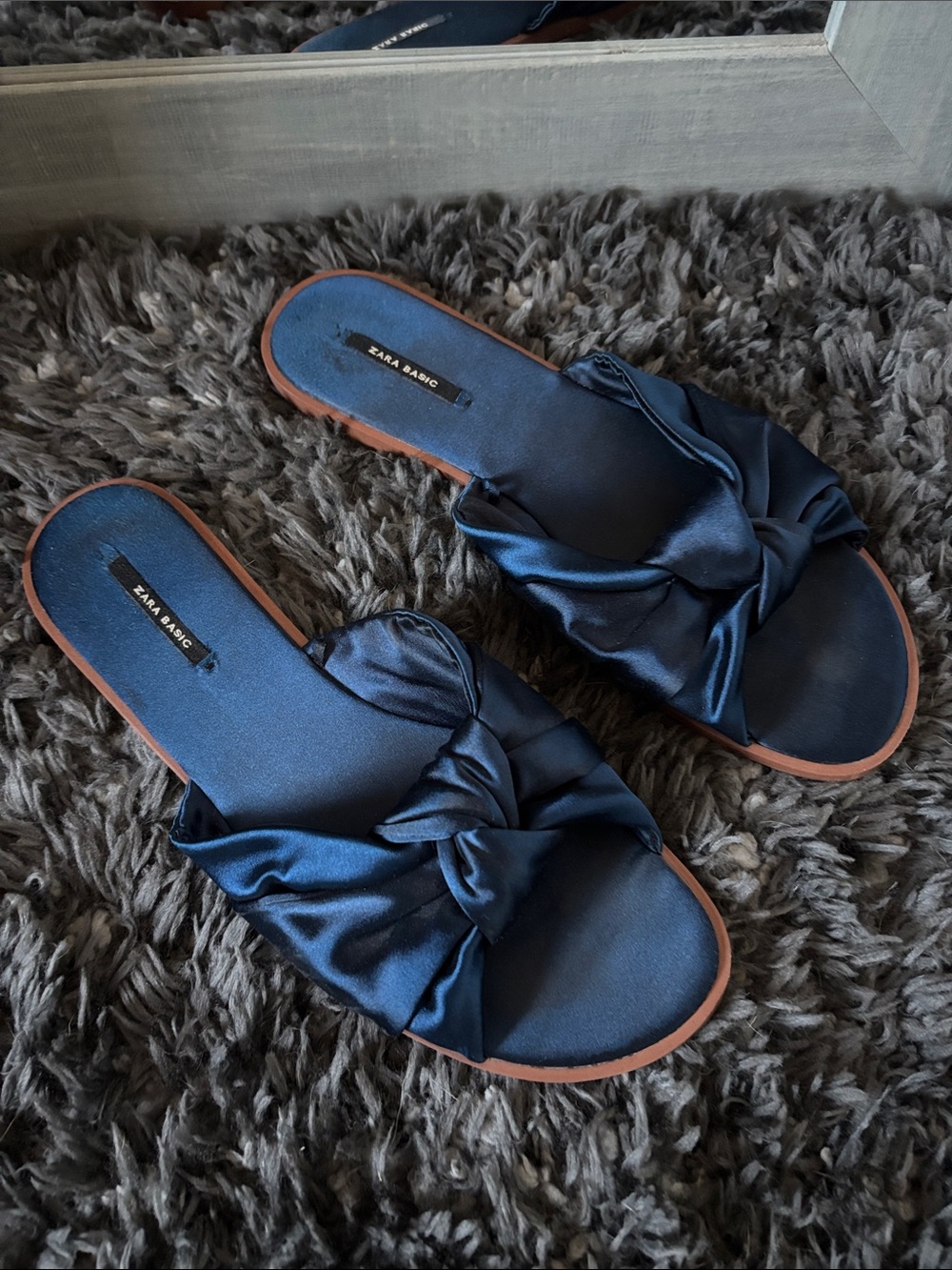 Zara Satin Knot Slide Sandals in Navy Blue